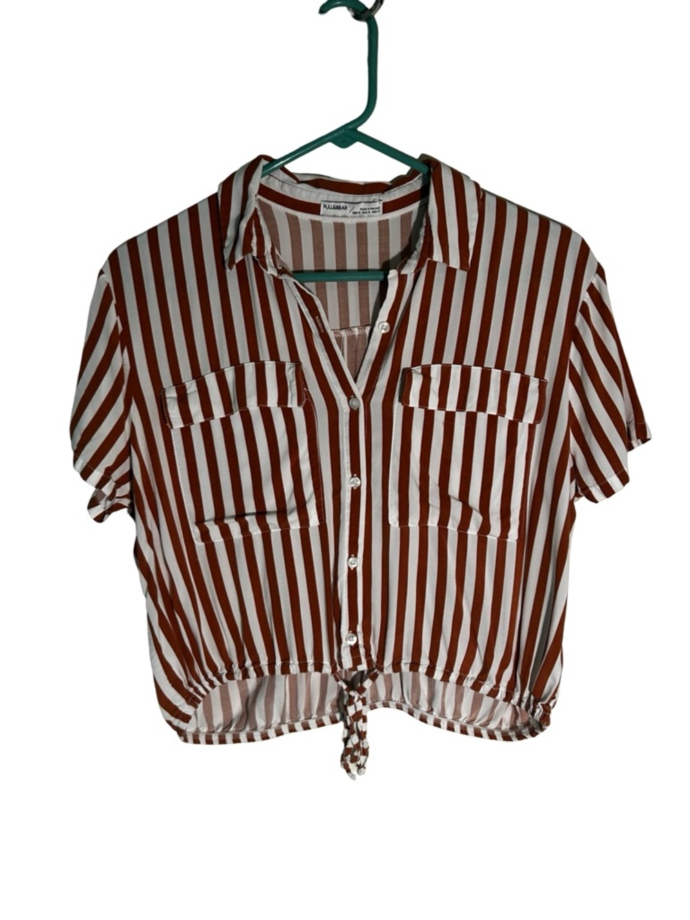 Pull&Bear Rust and White Vertical Stripe Button Shirt